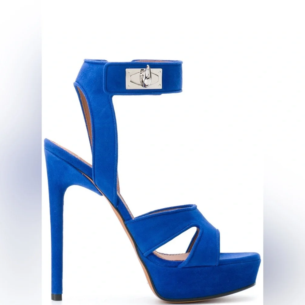 GIVENCHY SUEDE SHARK LOCK ELECTRIC BLUE HEEL SANDALS - Picture 1 of 6